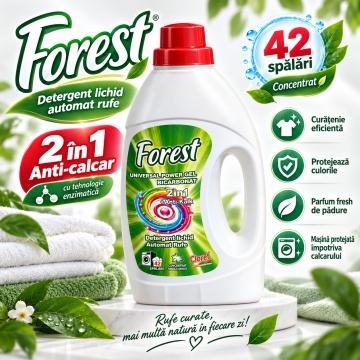 Detergent Lichid Automat Rufe Cloret Universal Power Forest, Gel Concentrat, 42 Spălări, 2 în 1 Anticalcar, Enzyme Technology, Parfum Forest, 1.5 L - Img 6