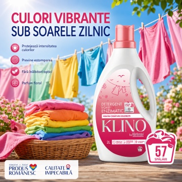 Detergent lichid enzimatic pentru rufe colorate KLINO Klintensiv, eficient de la 20°C, fabricat in Romania, parfum floral, prospetime de durata, 57 spalari, 2 L, 4x Stickere - Img 4