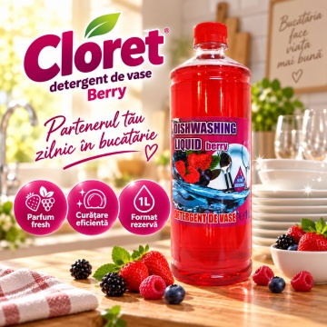 Detergent lichid pentru vase Cloret Dishwashing Liquid Citrus – aromă Berry, rezervă 1 L - Img 6