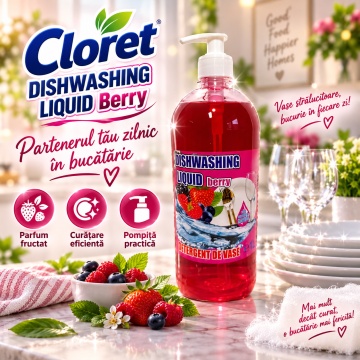 Detergent Lichid pentru Vase Cloret Dishwashing Liquid Citrus, Degresare și Curățare Eficientă, Aromă Berry, 1 L - Img 6