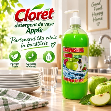 Detergent Lichid pentru Vase Cloret Dishwashing Liquid Citrus, Degresare și Curățare Eficientă, Aromă Apple, 1 L - Img 6