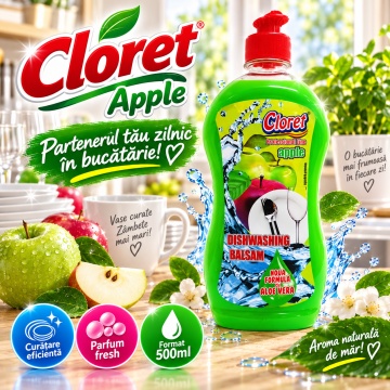 Detergent Lichid pentru Vase Cloret Dishwashing Liquid Citrus, Degresare și Curățare Eficientă, Aromă Apple, 500 ml - Img 6