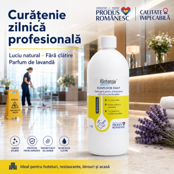 Detergent pardoseli Klintensiv KLINFLOOR DAILY, concentrat, parfum lavandă, fără spumare, fără clătire, pentru gresie, marmură, granit, parchet laminat, vinil și linoleum, 1 L, 4x Stickere - Img 3