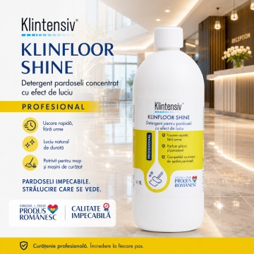 Detergent pardoseli Klintensiv KLINFLOOR SHINE, concentrat, efect de luciu, fără clătire, uscare rapidă, pentru gresie, granit, marmură, ceramică și porțelan, 1 L, 4x Stickere - Img 3