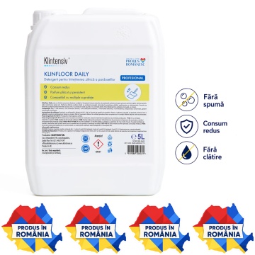 Detergent profesional pardoseli Klintensiv KLINFLOOR DAILY, concentrat, parfum lavandă, pH neutru, pentru mop și mașini automate de spălat pardoseli, canistră 5 L, 4x Stickere