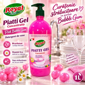 Detergent Vase Profesional Concentrat Royal Hygiene Piatti Gel Concentrato Bubble Gum, Concentrat HoReCa, cu Bicarbonat și Mușețel, Formulă Eco Italiană, Fabricat în România, 1 L