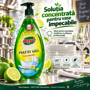 Detergent Vase Profesional Concentrat Royal Hygiene Piatti Gel Concentrato Lămâie Verde, cu Bicarbonat și Mușețel, Formulă Eco Italiană, Fabricat în România, 800 ml - Img 6