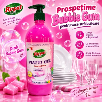 Detergent Vase Profesional Concentrat Royal Hygiene Piatti Gel Concentrato Bubble Gum, Concentrat HoReCa, cu Bicarbonat și Mușețel, Formulă Eco Italiană, Fabricat în România, 1 L - Img 6