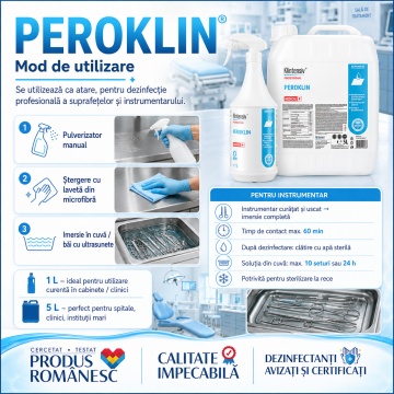 Dezinfectant de nivel înalt Peroklin Klintensiv, profesional, pentru suprafețe, instrumentar și dispozitive medicale, bactericid, levuricid, fungicid, virucid, micobactericid, tuberculocid și sporicid, 1 L, 4x Stickere - Img 5