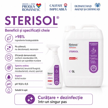Dezinfectant de nivel înalt Sterisol RTU Klintensiv, gata de utilizare, pentru suprafețe, pavimente și instrumentar, bactericid, fungicid, virucid, micobactericid și sporicid, 500 ml, 4x Stickere - Img 5