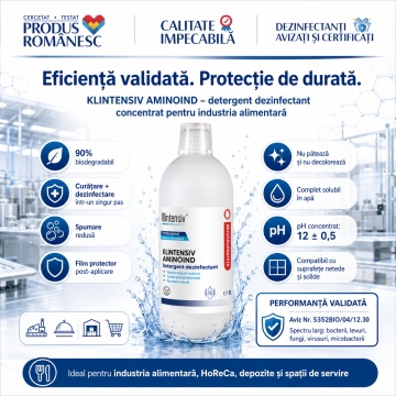 Dezinfectant detergent concentrat Klintensiv Aminoind, pentru industria alimentară, TP4, curățare și dezinfecție, bactericid și levuricid în 5 minute, film protector, 1 L, 4x Stickere - Img 6