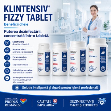 Dezinfectant efervescent Klintensiv Fizzy Tablet, TP2, spectru larg, pentru suprafețe dure, pavimente, textile, instrumentar și obiecte medicale, aviz biocid, 150 tablete, 4x Stickere - Img 5
