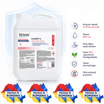 Dezinfectant mâini și piele Klinsept A, hidroalcoolic, 85% etanol, fără clătire, testat dermatologic, pentru dezinfectare igienică și chirurgicală, 5 L, 4x Stickere