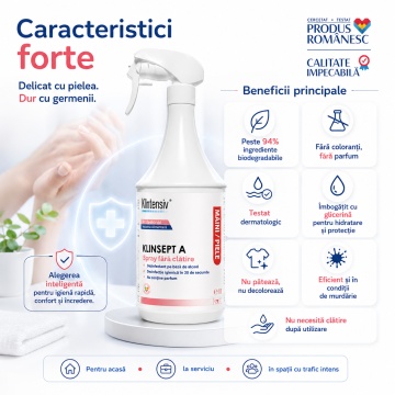 Dezinfectant mâini și piele Klinsept A, hidroalcoolic, 85% etanol, fără clătire, testat dermatologic, pentru dezinfectare igienică și chirurgicală, 1 L, 4x Stickere - Img 6