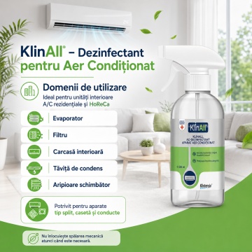 Dezinfectant pentru Aer Condiționat KlinAll Klintensiv, soluție gata de utilizare, bactericidă, fungicidă, levuricidă, micobactericidă și virucidă, pentru unități interioare A/C, 1 L, 4x Stickere - Img 3