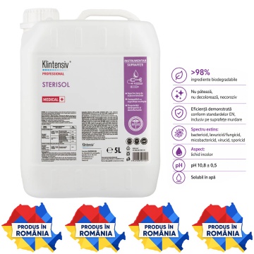 Dezinfectant profesional de nivel înalt RTU Sterisol Klintensiv, fără diluare, pentru spitale, clinici, UPU, ambulanțe, centre de triaj și instrumentar medical, canistră 5 L, 4x Stickere