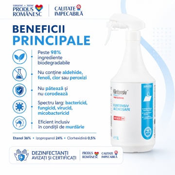 Dezinfectant profesional suprafețe Klintensiv Alchosafe, fără aldehide, clor și fenoli, bactericid, levuricid, fungicid, virucid, micobactericid și tuberculocid, aviz biocid, canistră 5 L, 4x Stickere - Img 5
