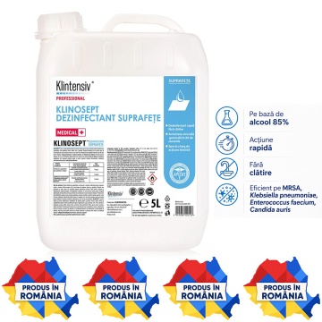 Dezinfectant rapid suprafețe și instrumentar Klintensiv Professional Klinosept, alcool 85%, spectru larg, pentru spitale, clinici mari, instituții și reumplere recipiente, aviz biocid, canistră 5 L, 4x Stickere