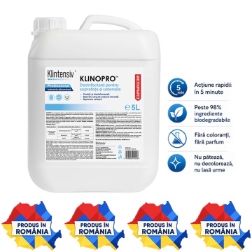Dezinfectant suprafețe și pavimente Klinopro, soluție profesională pentru HoReCa, bucătării industriale, depozite alimentare și pavimente, bactericid, fungicid, virucid, canistră 5 L, 4x Stickere