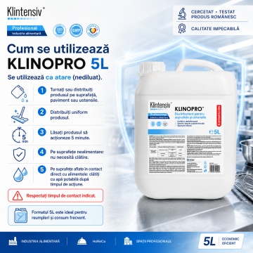 Dezinfectant suprafețe și pavimente Klinopro, soluție profesională pentru HoReCa, bucătării industriale, depozite alimentare și pavimente, bactericid, fungicid, virucid, canistră 5 L, 4x Stickere - Img 5