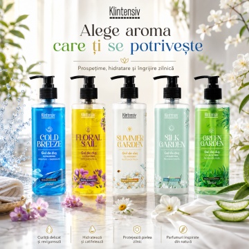 Gel de duș Klintensiv Silk Garden, aromă elegantă catifelată, spumă fină, efect emolient și protector, cu D-Panthenol, Zinc PCA și glicerină, peste 94% ingrediente biodegradabile, 400 ml, 4x Stickere - Img 6