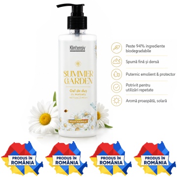Gel de duș Klintensiv Summer Garden, aromă proaspătă de vară, spumă fină, efect emolient și protector, cu D-Panthenol, Zinc PCA și glicerină, peste 94% ingrediente biodegradabile, 400 ml, 4x Stickere