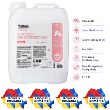 Gel dezinfectant mâini Klintensiv, profesional, 85% etanol, pentru reumplere dozatoare și stații de igienă, canistră 5 L, 4x Stickere