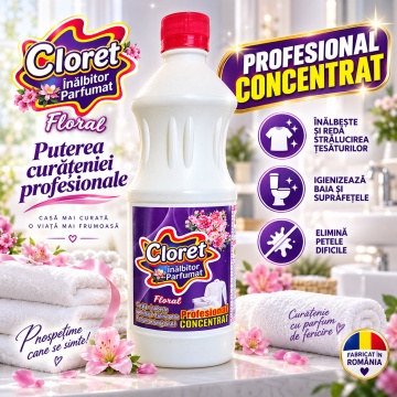 Înălbitor Parfumat Floral Cloret, Profesional Concentrat pentru Rufe Albe și Igienizarea Băii, Îndepărtează Petele și Murdăria, Parfum Floral, 1 L - Img 6