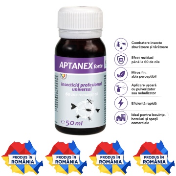 Insecticid concentrat APTANEX, pentru insecte zburătoare și târâtoare, gândaci, ploșnițe, purici, muște, țânțari, furnici și căpușe, efect rezidual până la 60 zile, 50 ml, 4x Stickere