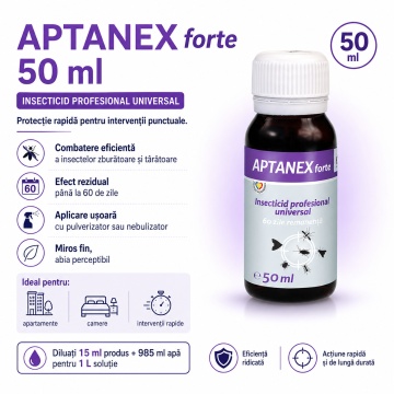 Insecticid concentrat APTANEX, pentru insecte zburătoare și târâtoare, gândaci, ploșnițe, purici, muște, țânțari, furnici și căpușe, efect rezidual până la 60 zile, 50 ml, 4x Stickere - Img 2