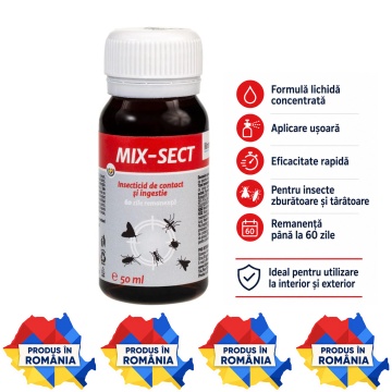 Insecticid concentrat MIX-SECT, pentru insecte zburătoare și târâtoare, muște, țânțari, furnici, gândaci, căpușe și ploșnițe, acțiune rapidă, 50 ml, 4x Stickere