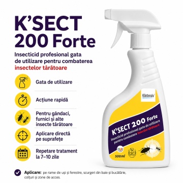 Insecticid spray K-Sect 200 Forte, pentru insecte târâtoare, gândaci, furnici, purici, căpușe și alte artropode, gata de utilizare, cu Cipermetrin, Piperonil butoxid și Tetrametrin, 500 ml, 4x Stickere - Img 2