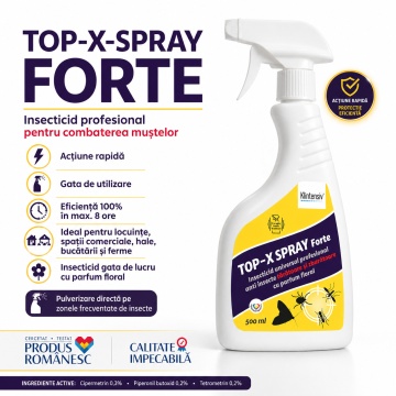 Insecticid spray TOP-X-SPRAY FORTE, pentru combaterea muștelor și insectelor zburătoare, gata de utilizare, acțiune prin contact, eficacitate 100% în maxim 8 ore, 500 ml, 4x Stickere - Img 2