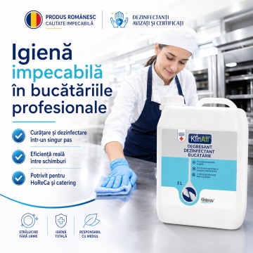 KlinAll Degresant Dezinfectant Bucătărie Klintensiv, curăță, degresează și dezinfectează în 5 minute, biodegradabil peste 98%, pentru HoReCa și uz profesional, 5 L, 4x Stickere - Img 5