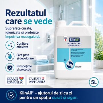 KlinAll Dezinfectant Antimucegai Klintensiv, soluție profesională PT2 pentru suprafețe contaminate, bactericidă, fungicidă, virucidă și sporicidă, canistră, 5 L, 4x Stickere - Img 2