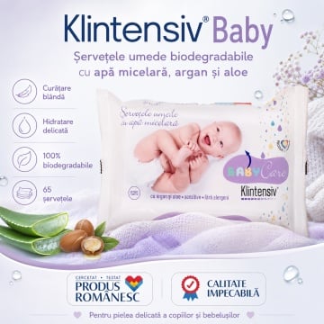 Klintensiv Baby șervețele umede biodegradabile, cu apă micelară, argan și aloe, pentru pielea delicată a copiilor, efect emolient și protector, testate dermatologic, fabricate în România, 65 bucăți, 4x Stickere - Img 3