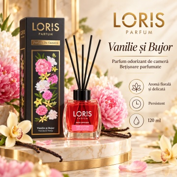 Loris Parfum Vanilie & Bujor 120 ml – Odorizant de Cameră cu Bețișoare Parfumate - Img 2