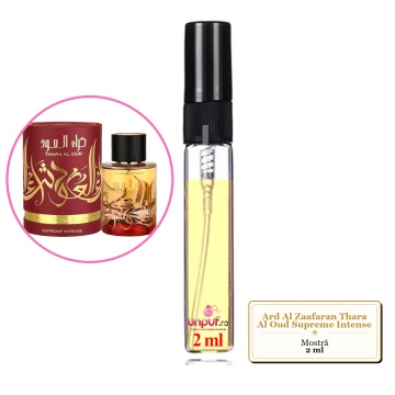 Mostra fiola din Parfumul Ard Al Zaafaran Thara Al Oud Supreme Intense, decant sticla cu pulverizator