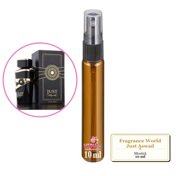 Mostra fiola din Parfumul Fragrance World Just Aswad, decant sticla cu pulverizator