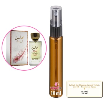Mostra fiola din Parfumul Lattafa Set Mahasin Crystal Violet : 100 Ml + Deodorant Spray, decant sticla cu pulverizator - Img 3