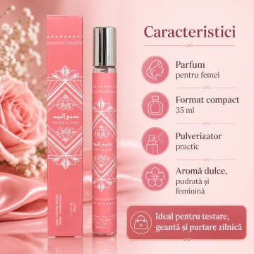 Mostră fiolă parfum Badee Al Oud Rose Milk 35 ml, Eau de Parfum pentru femei, aromă dulce pudrată vanilată, pulverizator compact - Img 6