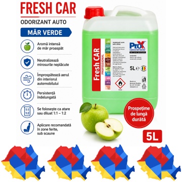 Odorizant auto PRO X Fresh CAR Măr Verde, aromă proaspătă de măr verde, efect energizant, neutralizare mirosuri neplăcute, 5 L, 4x Stickere