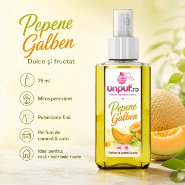 Odorizant auto si casa Unpuf Pepene Galben, cu pulverizator, aroma dulce si fructata de pepene galben, improspatare aer si parfum de durata, 75 ml