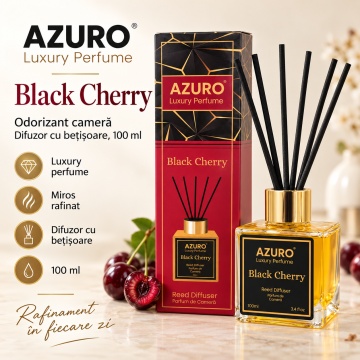 Odorizant Cameră Azuro Black Cherry Luxury Perfume, Difuzor cu Bețișoare, Aromă Lemnoasă, Parfum Cireașă Neagră, 100 ml