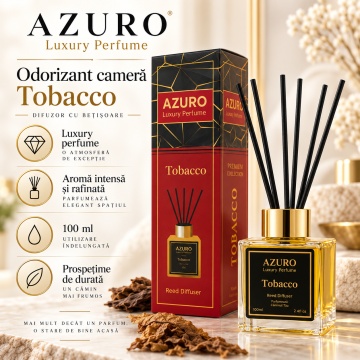 Odorizant Cameră Azuro Tobacco Luxury Perfume, Difuzor cu Bețișoare, Aromă Lemnoasă, Parfum Ambiental Intens, 100 ml