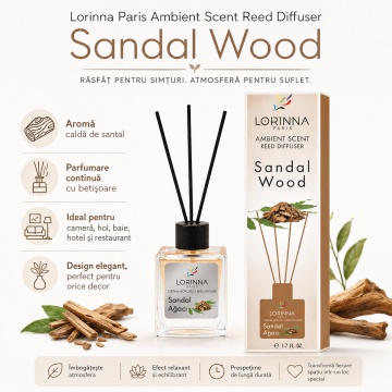 Odorizant de camera cu betisoare Lorinna Paris Ambient Scent Reed Diffuser, Sandal Wood, aroma calda si lemnoasa, pentru living, dormitor, hotel si birou, 50 ml