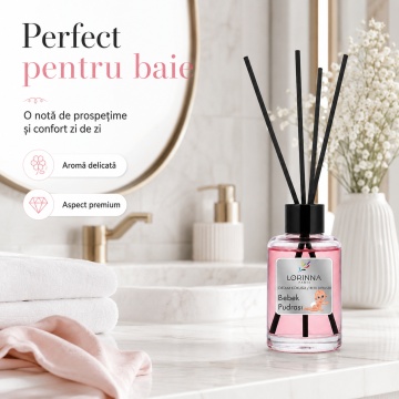 Odorizant de camera cu betisoare Lorinna Paris Ambient Scent Reed Diffuser, Baby Powder, aroma delicata si pudrata, pentru living, dormitor, baie si hol, 50 ml - Img 2