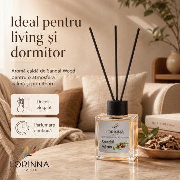Odorizant de camera cu betisoare Lorinna Paris Ambient Scent Reed Diffuser, Sandal Wood, aroma calda si lemnoasa, pentru living, dormitor, hotel si birou, 50 ml - Img 2
