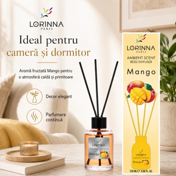 Odorizant de camera cu betisoare Lorinna Paris Ambient Scent Reed Diffuser, Mango, aroma fructata si tropicala, pentru living, dormitor, baie si hol, 120 ml - Img 2