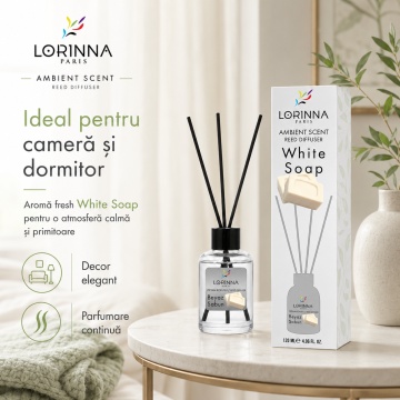 Odorizant de camera cu betisoare Lorinna Paris Ambient Scent Reed Diffuser, White Soap, aroma curata si proaspata, pentru living, dormitor, baie si hol, 120 ml - Img 2